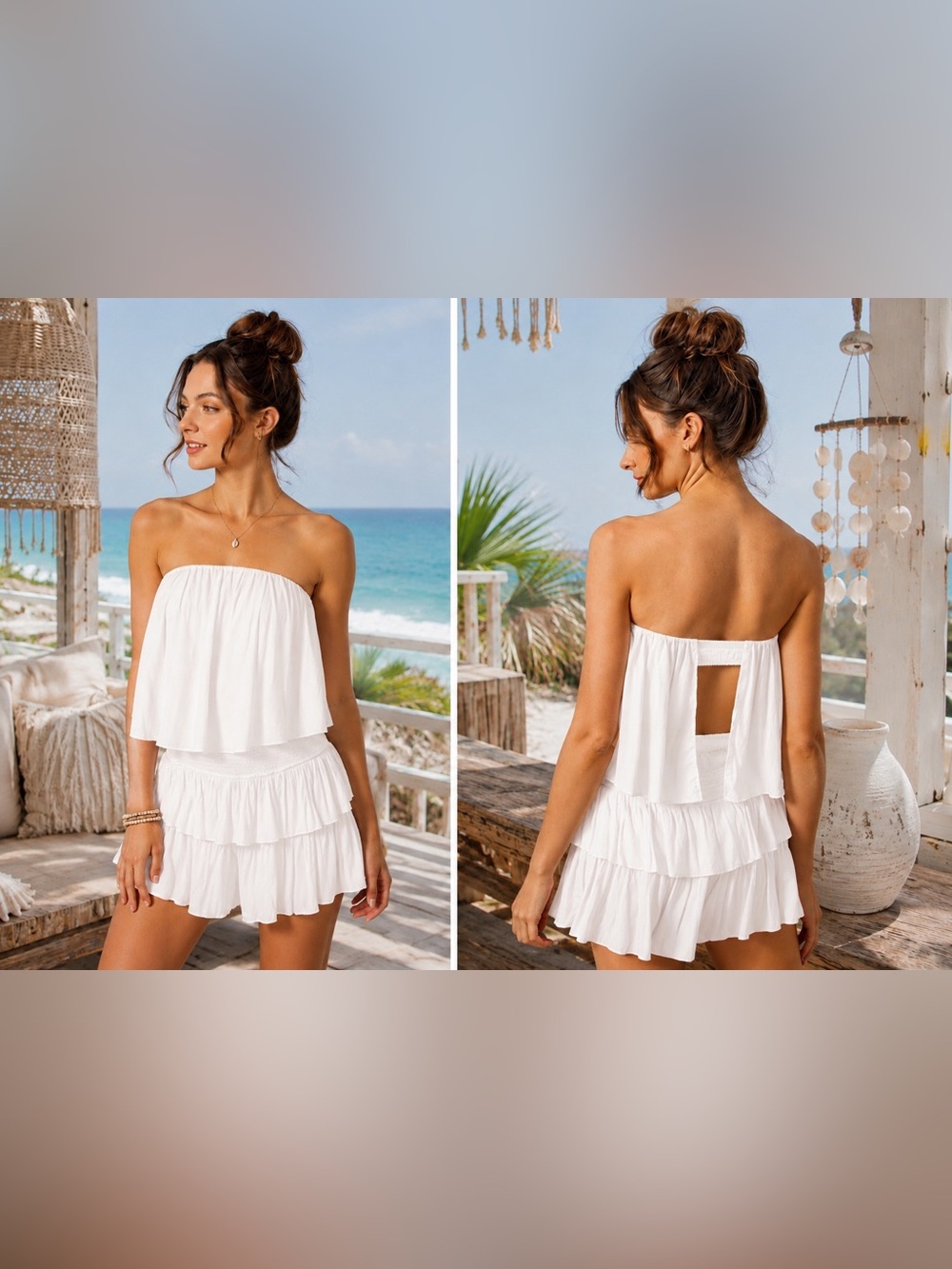 Mustard Seed White Strapless Ruffle Open Back Romper S Boho Coastal